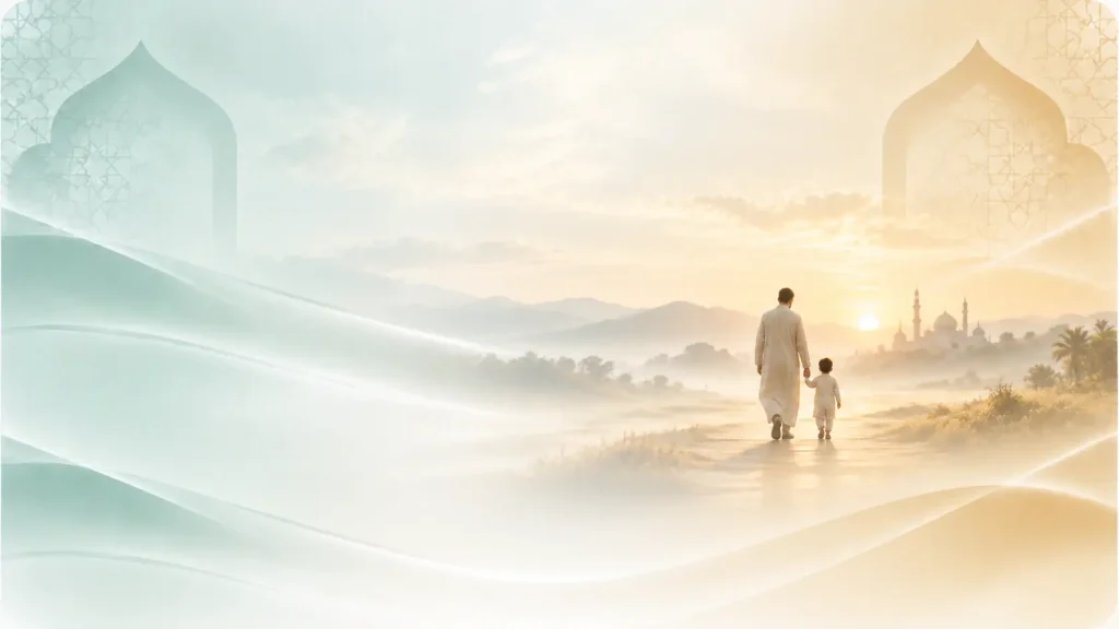 father_and_child_toward_sunrise_mosque